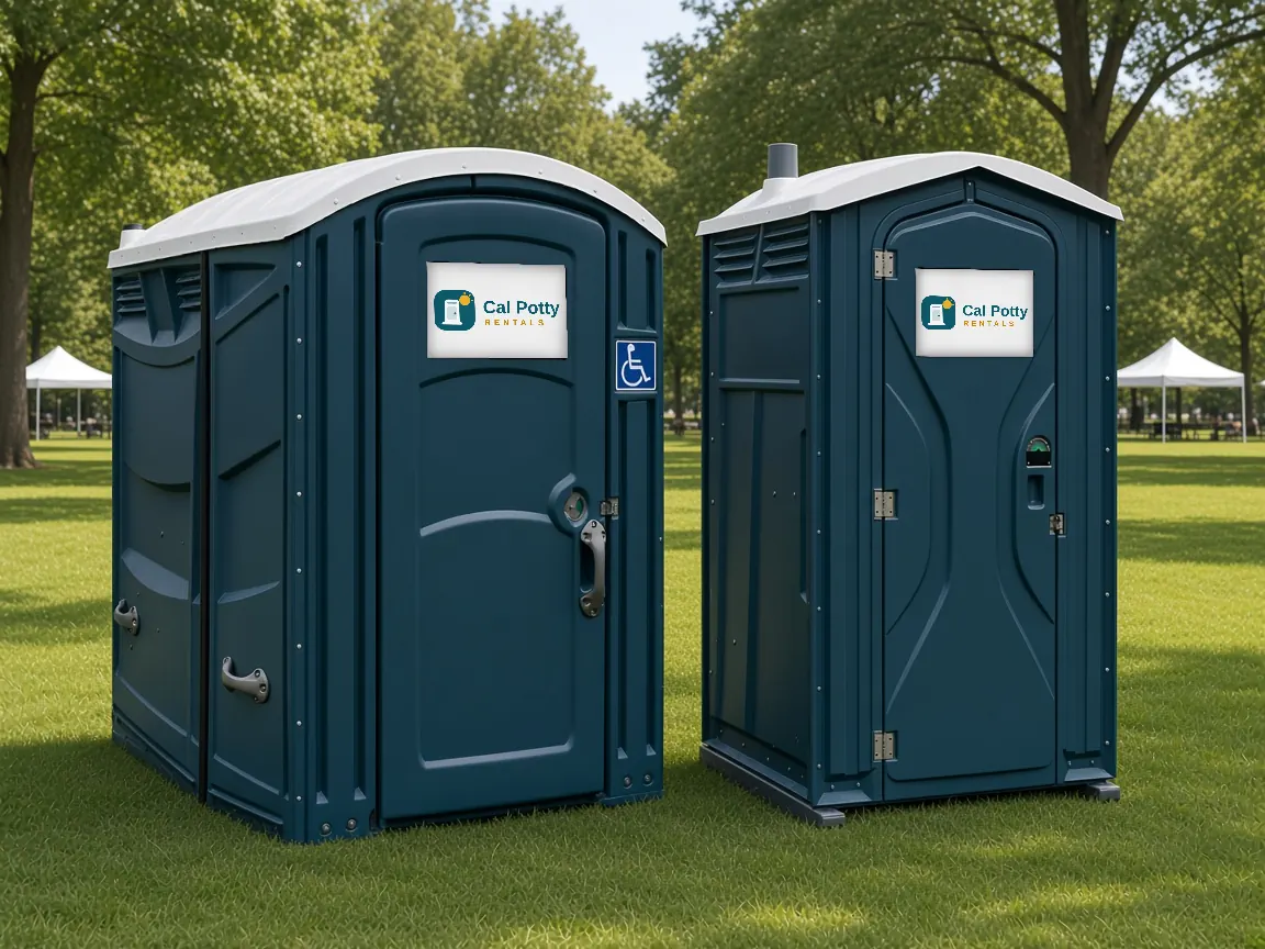 A deep teal ADA-accessible portable restroom beside a standard teal unit on a lawn at an outdoor event with white tents