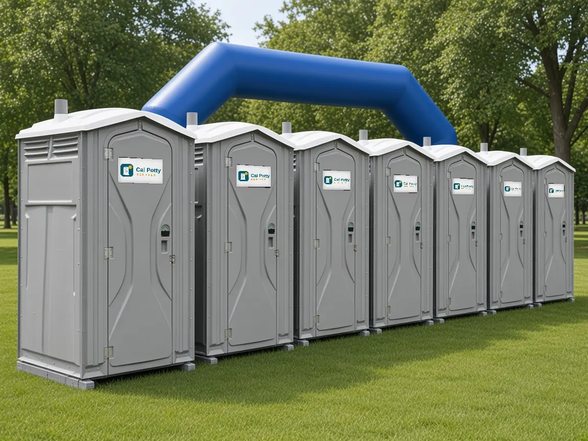 Six grey portable toilets in a row on a park lawn beside a blue inflatable arch