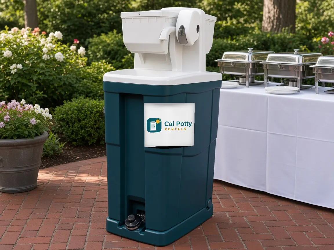 A teal handwashing station on a brick patio beside a catered buffet table