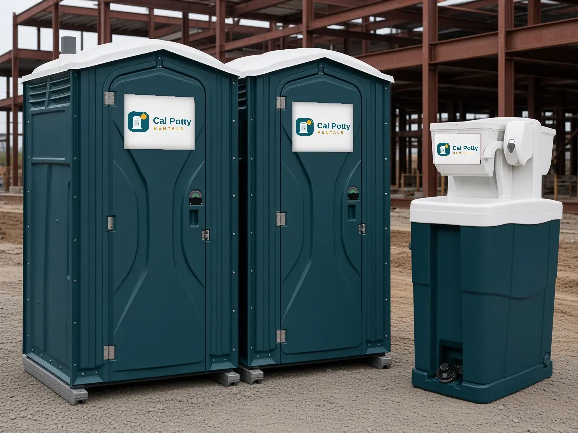 Two teal porta potties and a handwashing sink on a gravel pad in front of a steel building frame
